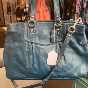Teal Leather Coach Handbag with Shoulder Strap